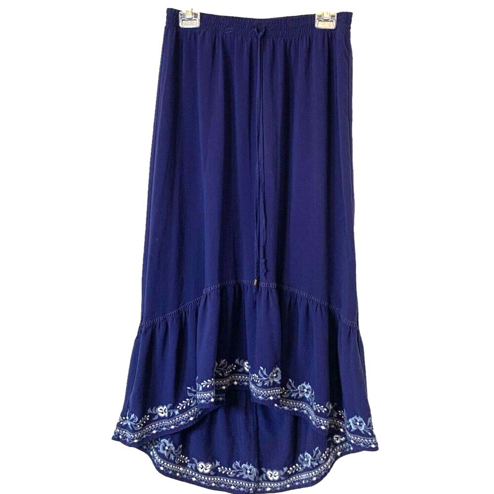 Time and Tru Embroidered Floral Asymmetric Maxi Skirt M(8-10) Blue White Florals